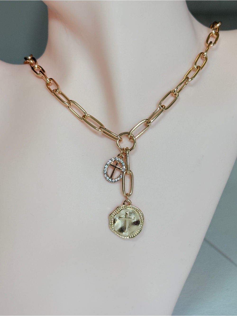Gold-Tone Link Necklace with Cross Coin and Crystal Charm - Picture 5 of 10